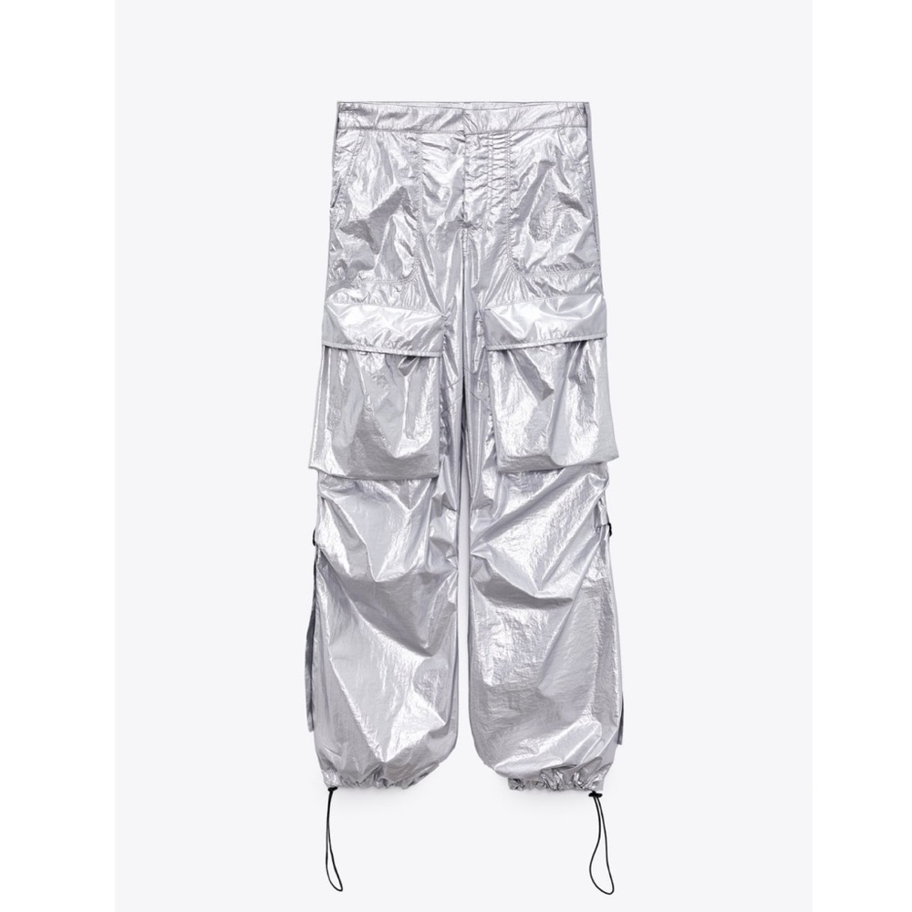 NWT Zara shiny cargo pants silver - Picture 2 of 5